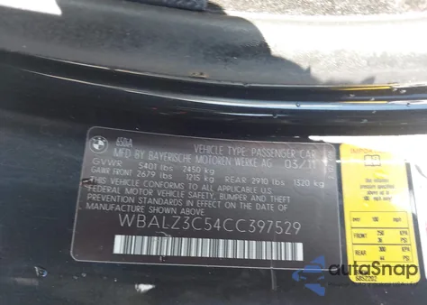 2012 BMW 650I from USA, damaged, VIN WBALZ3C54CC397529